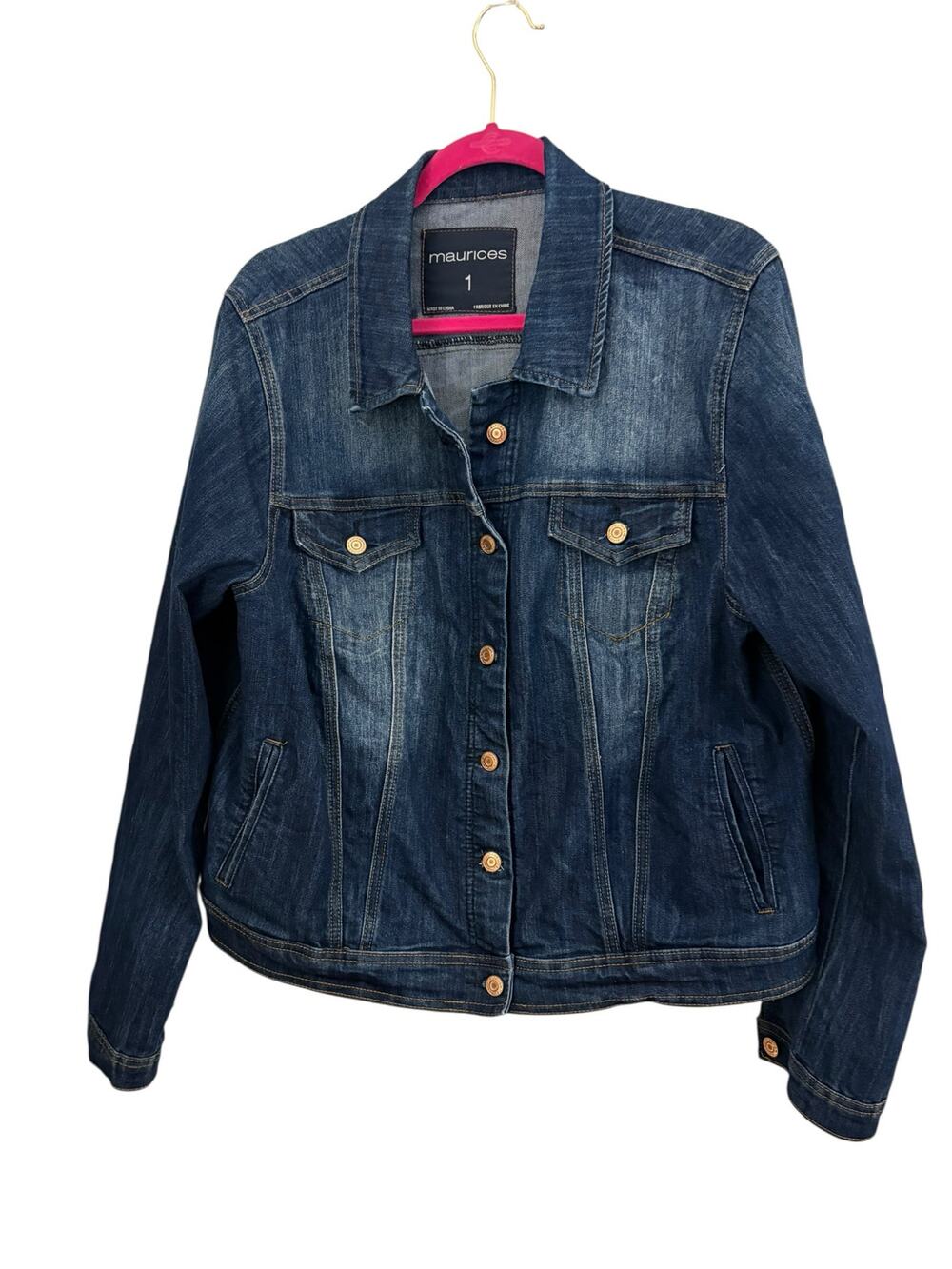 Maurices Denim Jean Trucker Jacket Dark Wash Western Festival Stretchy 1 = 16/18